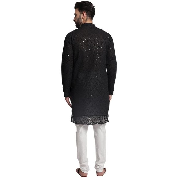 Black Floral Embroidered Chikankari Kurta Pyjama Set For Men - Picture 5 of 7